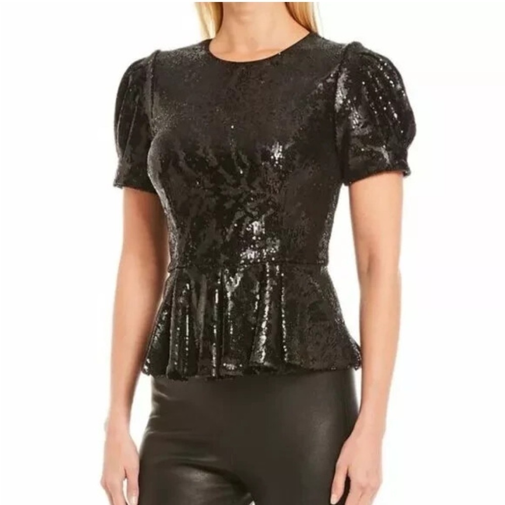 ANTONIO MELANI OZAN Black Sequin Peplum top, NWT Size 10